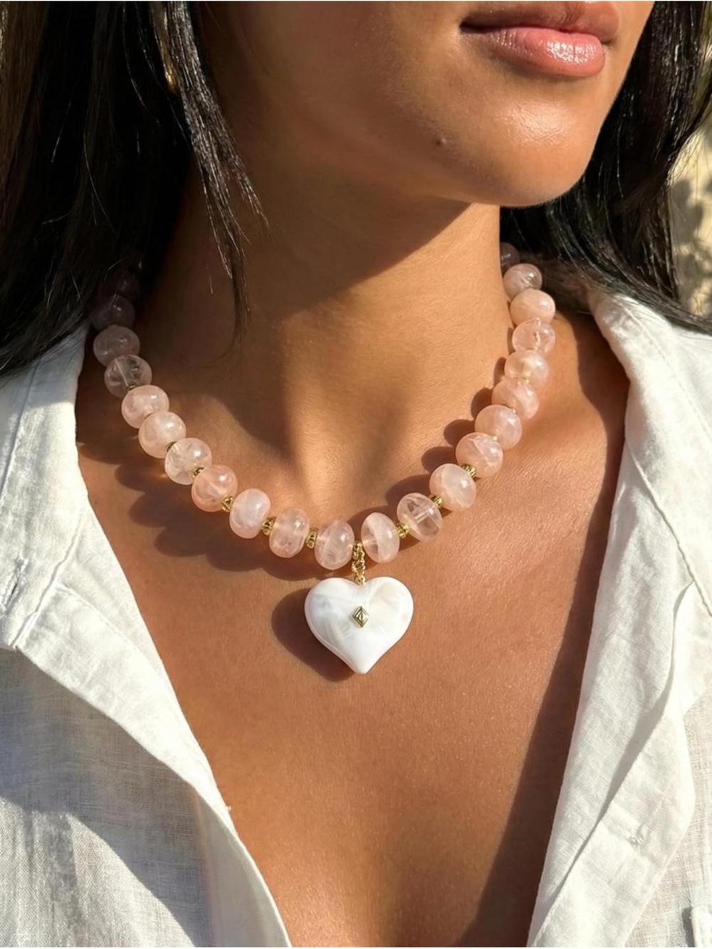 Light Pink  Beaded Necklace with Heart NEW - Picture 2 of 5